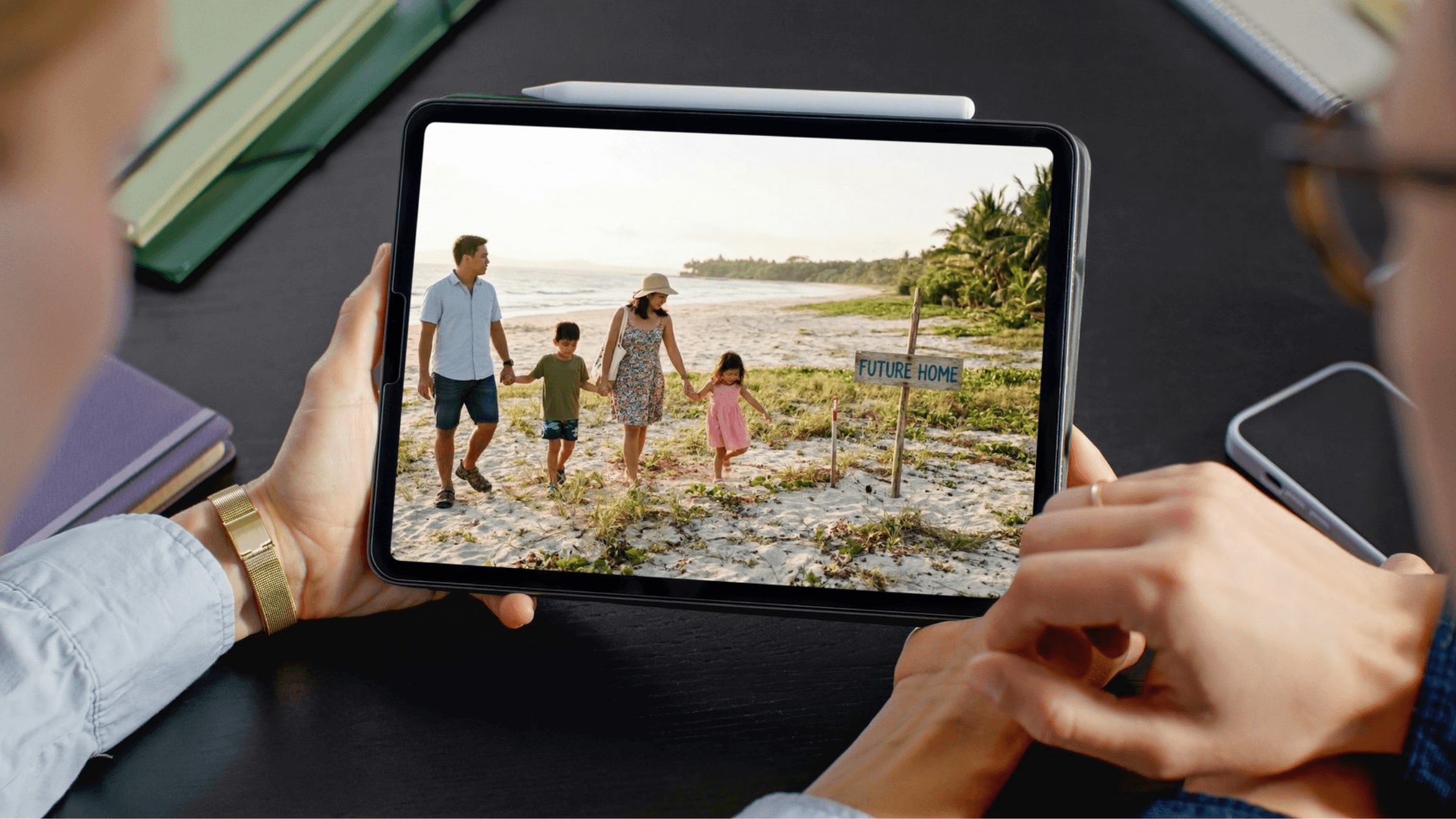 Happy Filipino family standing on an undeveloped beachfront lot, representing long-term property investment and homeownership for OFWs