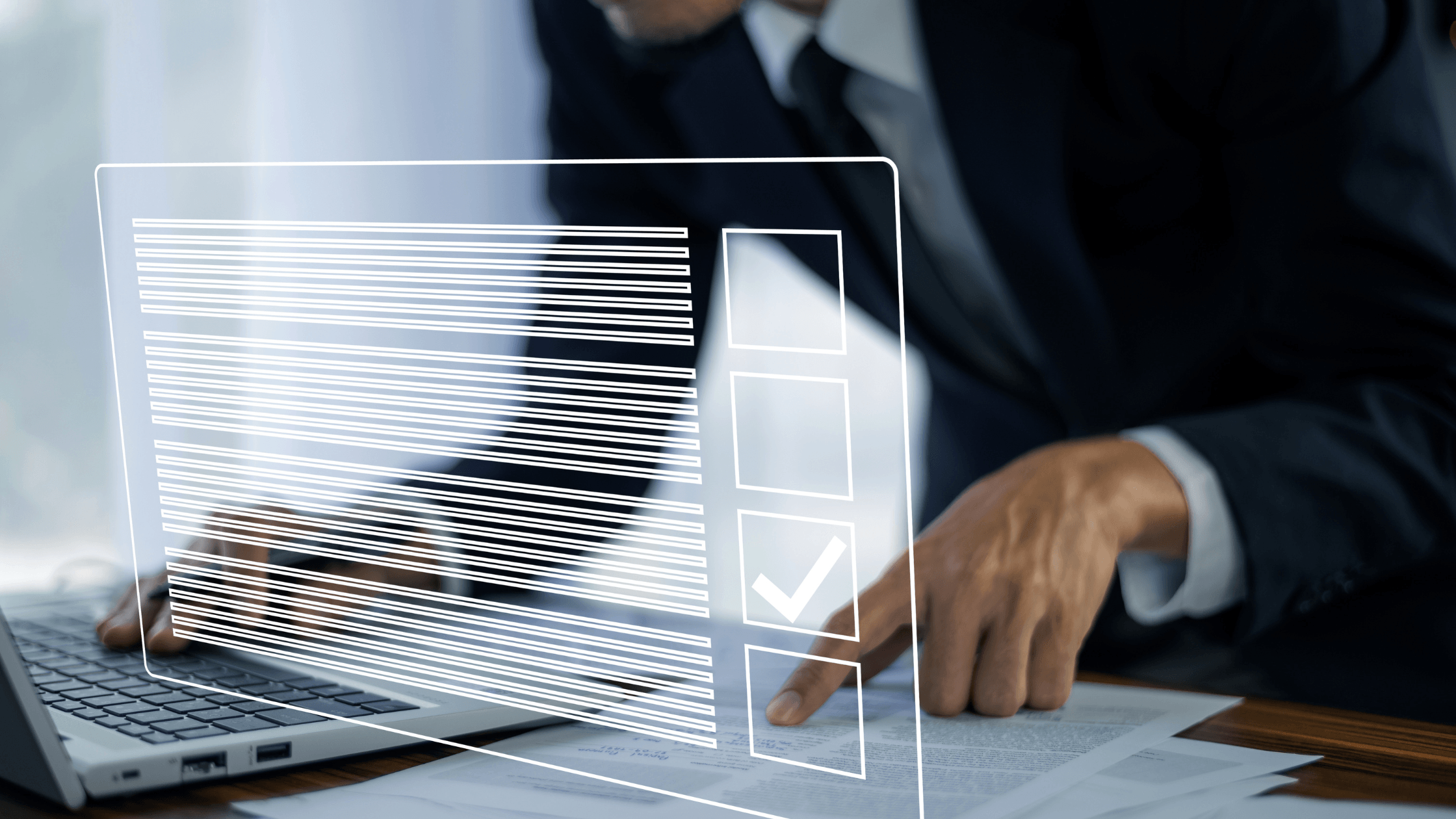 Business professional reviewing a legal document on a laptop with a digital checklist overlay