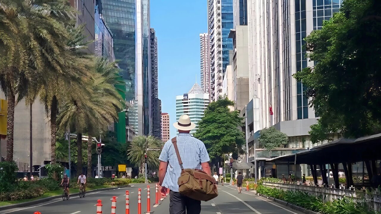 Foreign man walking along a BGC street while exploring nearby properties.