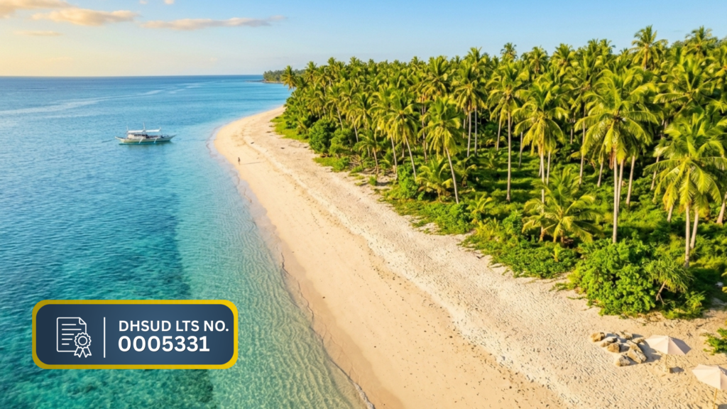 Aerial view of the Sunset Shore shoreline and boats, Quezon, Palawan